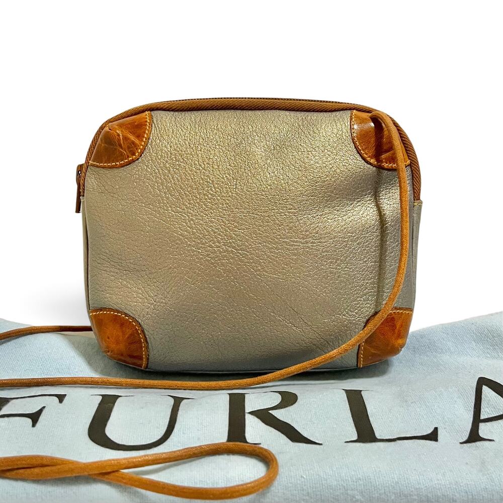 Vintage Furla Silver Metallic Leather Croc-Embossed Trim Crossbody Bag